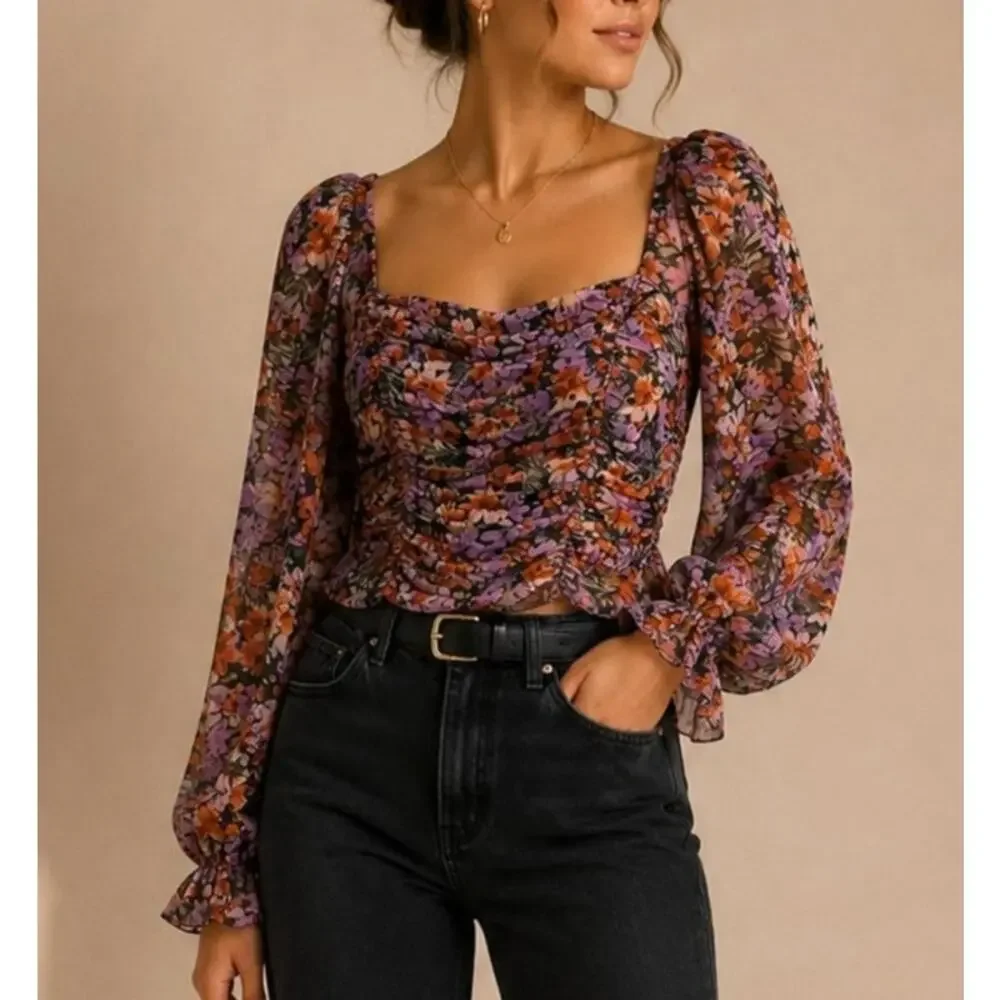 ASTR the Label Tonina Ruched Floral Puff Sleeve Blouse Size XL Cottage Romantic